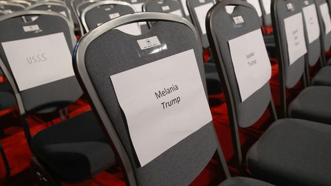 A seat is labelled for Donald Trump's wife, Melania. Picture: AFP