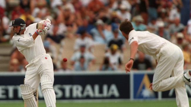 Cricketer Mike Atherton batting a Glenn McGrath ball. Cricket - Australia vs England Third test at Adelaide Oval 12 Dec 1998. a/ct /Cricket/Australia/vs/England Picture: Hillyard Phil