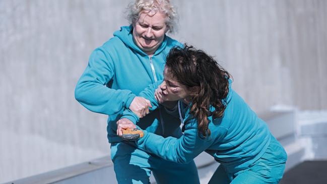 Sigrid Thornton in that roof scene. (Picture: Wentworth)