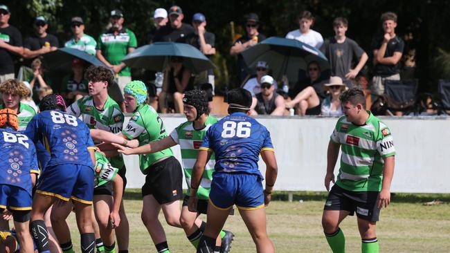Action galleries of the junior rugby union grand finals, match played at Surfers Paradise Home Ground. Gold Coast Eagles Vs Currumbin Alligators under 16s division. Picture Mike Batterham