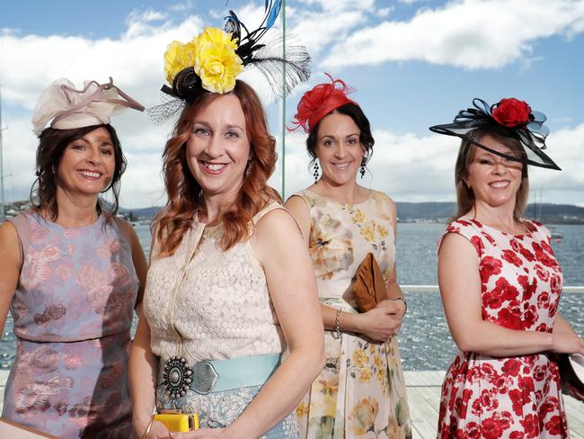 Karen Wallas, Huonville, Kristen Murray, Lucaston, Deborah Smith, Ranelagh and Clorissa Baldwin, Lucaston. Melbourne Cup Luncheon at Wrest Point. PICTURE: Richard Jupe