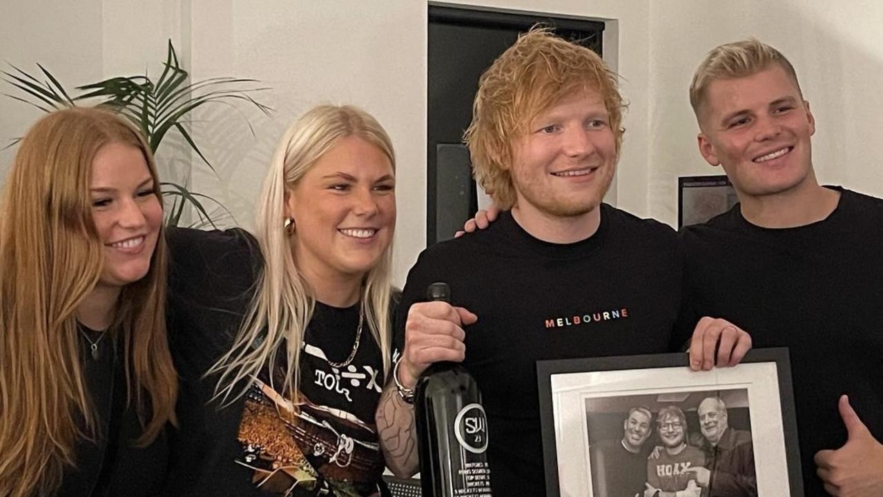 Summer Warne (left), Brooke Warne, Ed Sheeran and Jackson Warne at the singer’s Melbourne show ahead of the anniversary of Shane Warne’s passing. Photo: Instagram