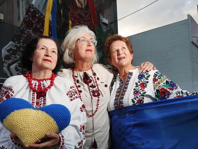 Larissa Sichivitsa, Valya Bazalicki and Luba Pryslak. Ukrainians who've come here fleeing the war say they feel triggered by the Moscow circus. Picture: Alan Barber