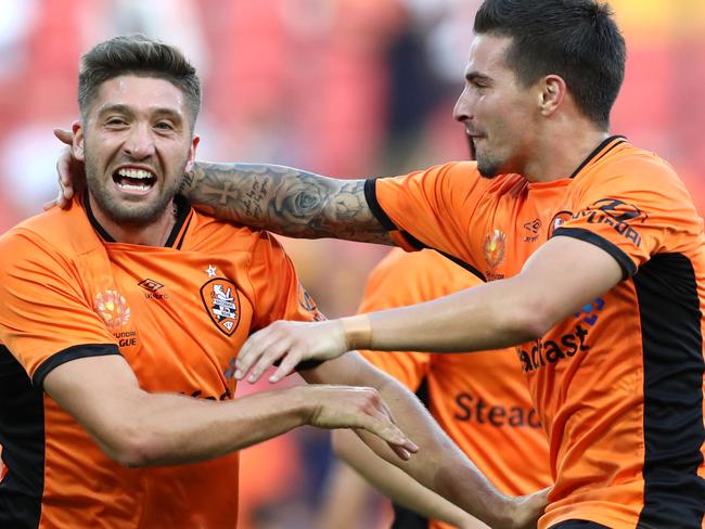 Brandon Borrello of the Roar celebrates his goal with Jamie Maclaren during the A-League match between the Brisbane Roar and the Perth Glory. Pic Darren England.