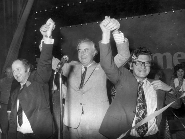 30 November 1972. Gough Whitlam knows he is going to win, and shares the stage with Victorian Opposition Leader Clyde Holding, left, and ACTU president Bob Hawke at the St Kilda Town Hall rally.