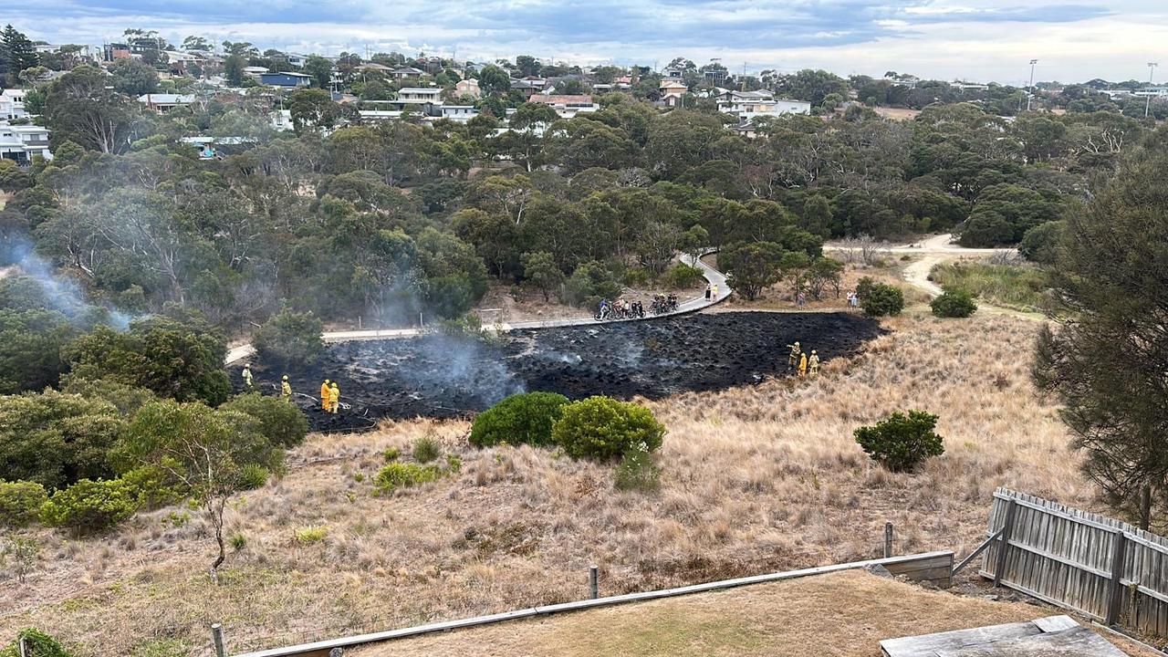 A grass fire burned through Spring Creek Reserve, Torquay on Sunday.