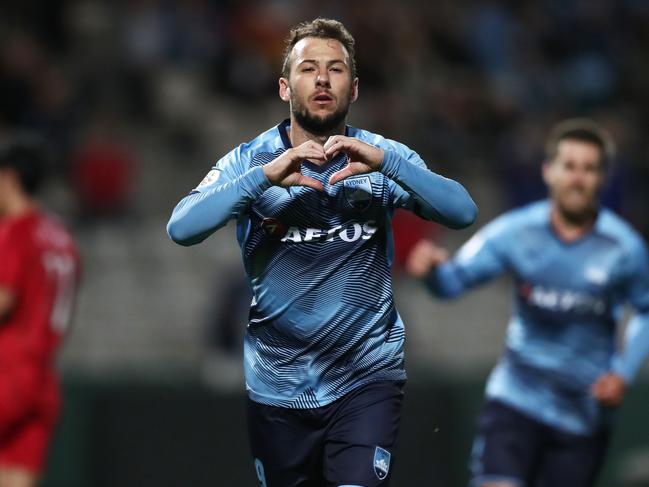 Adam Le Fondre of Sydney FC celebrates scoring a goal during the AFC Asian Champions League. Picture: Getty