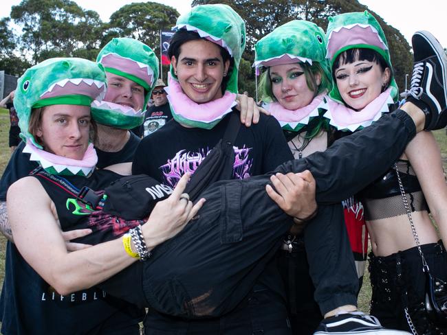 22303/2024. Sunday Telegraph. Socials. Centennial Park, Sydney, NSW, Australia.Social pictures of people attending Knotfest Music Festival in Centennial Park in SydneyPictured at the festival are:Toby, Mack, Sarah, Rafaeel and AnnabellePicture: Julian Andrews