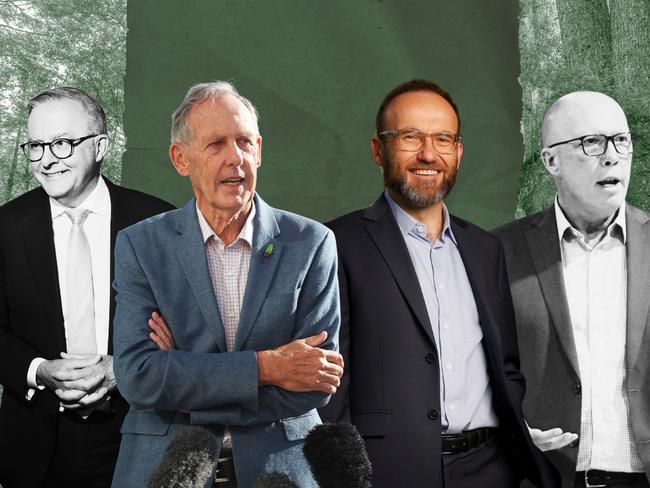 Adam Bandt has solidified the Greens as Australia’s third political party. From left: Prime Minister Anthony Albanese, former Greens leader Bob Brown, Greens leader Adam Bandt, Opposition leader Peter Dutton.