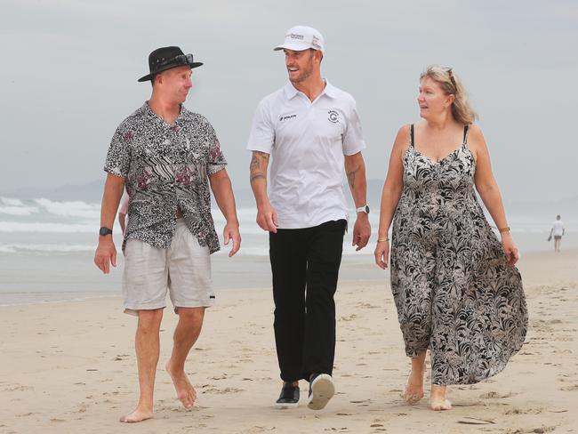 Surf Ironman Matt Poole announces his retirement at Northcliffe Surf Club. Best mate Matt Bevilacqua and Matt Poole reflect on his career. Matt Poole takes a stroll with parents Ian and Philippa Poole on Northcliffe beach. Picture Glenn Hampson