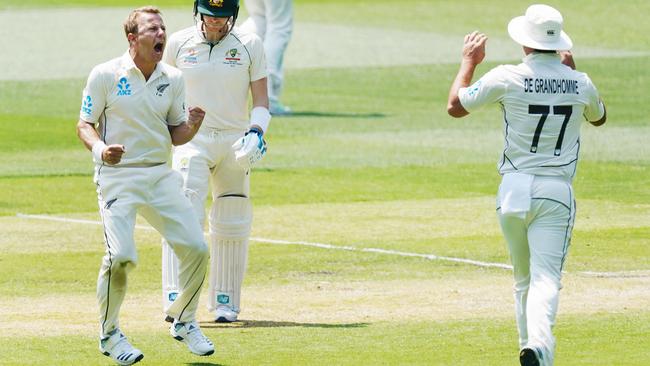 Neil Wagner celebrates Steve Smith’s wicket for the third time in three innings.