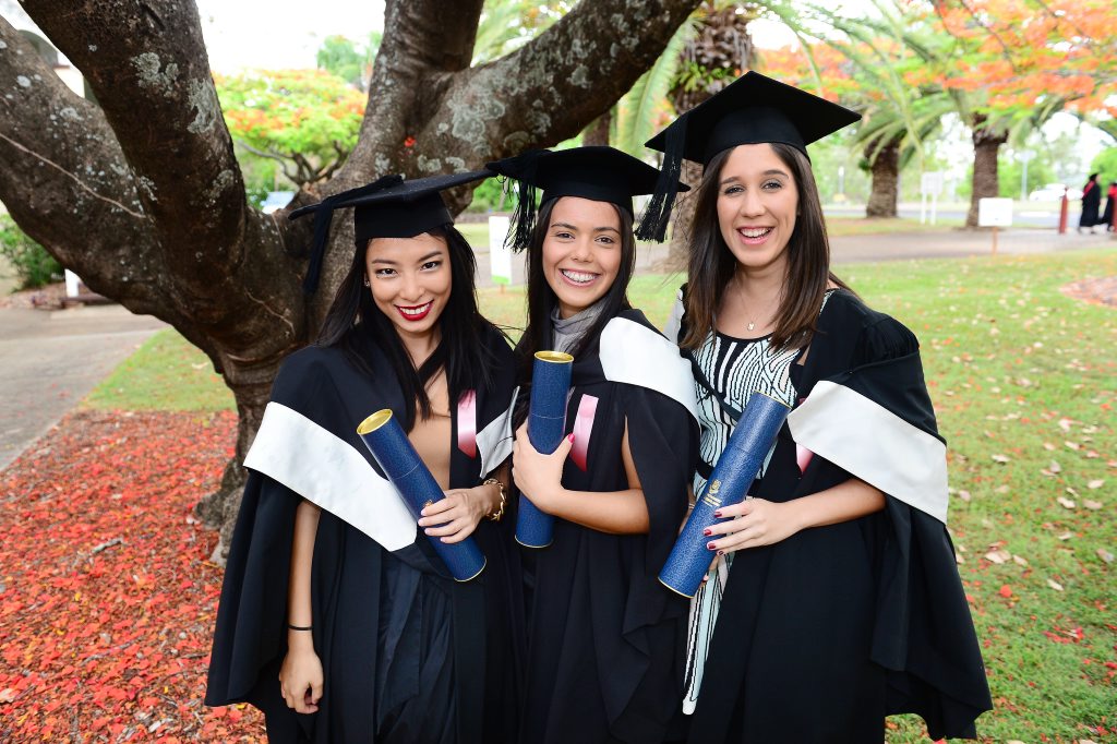 University of Queensland Gatton campus graduation ceremony for Vet Science students. From left, Lucia Yu, Jasmin Bojarski, and Fleur Deguara. Photo: David Nielsen / The Queensland Times. Picture: David Nielsen