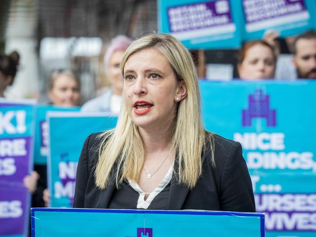 Emily Shepherd at a union rally outside the Royal Hobart Hospital. Picture: Richard Jupe