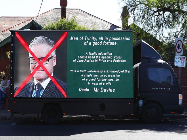 A campaign truck was hired to circle Trinity Grammar school in Kew. Picture: Aaron Francis/The Australian