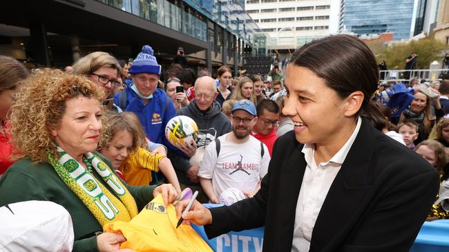 Sam Kerr signs autographs at Forrest in Perth. Picture: Getty Images