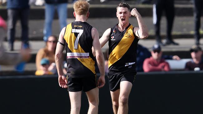 Broadview's Kobi Russell celebrates a grand final goal with teammate Nick Liddle. Picture: Tom Huntley