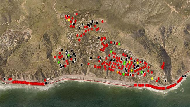 An after map shows the destruction, with destroyed houses marked red, in the same area. Source: LA County damage maps and Google Earth