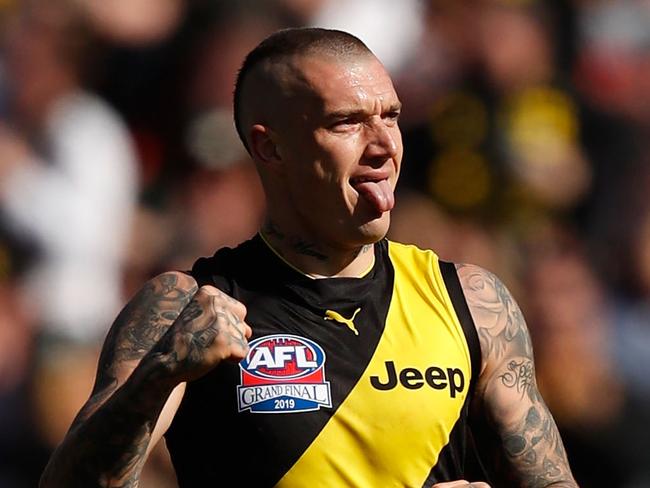 MELBOURNE, AUSTRALIA - SEPTEMBER 28: Dustin Martin of the Tigers celebrates a goal  during the 2019 AFL Grand Final match between the Richmond Tigers and the Greater Western Sydney Giants at Melbourne Cricket Ground on September 28, 2019 in Melbourne, Australia. (Photo by Darrian Traynor/AFL Photos/via Getty Images )