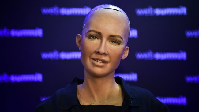 Robot Sophia answers questions during a press conference in 2017. Picture: AFP/Patricia De Melo Moreira