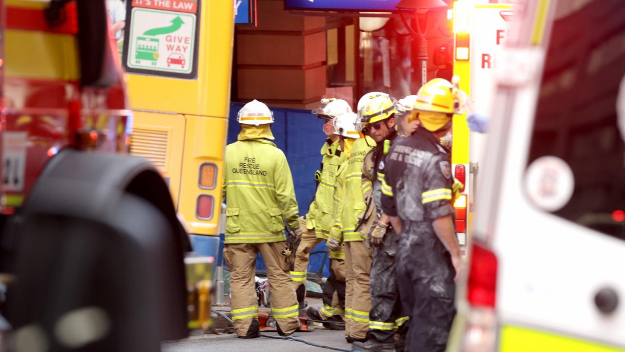 Emergency crews at the scene of the bus accident on Edward St in Brisbane’s CBD. Picture: NewsWire / Steve Pohlner