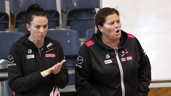 Natalie von Bertouch and Tania Obst at a Thunderbirds training last season. Picture: Sarah Reed