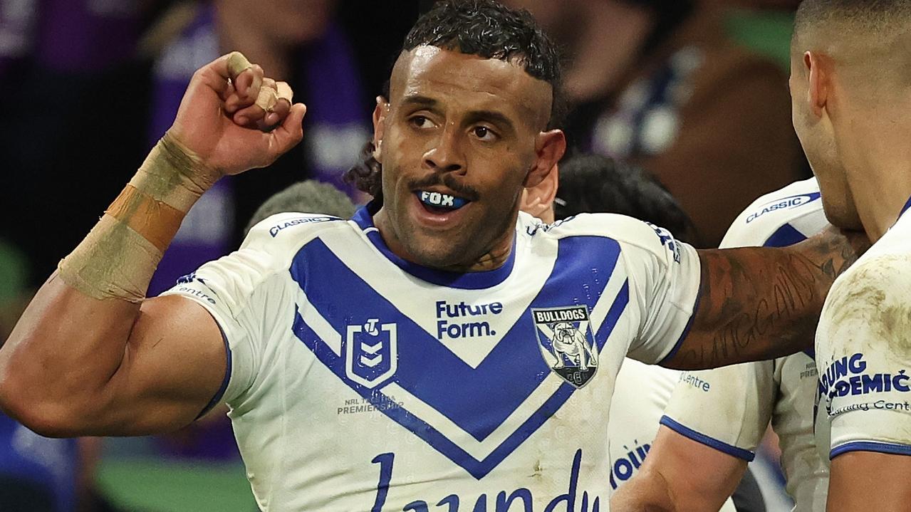 MELBOURNE, AUSTRALIA - APRIL 12: Josh Addo-Carr of the Bulldogs celebrates after scoring a try during the round six NRL match between Melbourne Storm and Canterbury Bulldogs at AAMI Park, on April 12, 2024, in Melbourne, Australia. (Photo by Robert Cianflone/Getty Images)