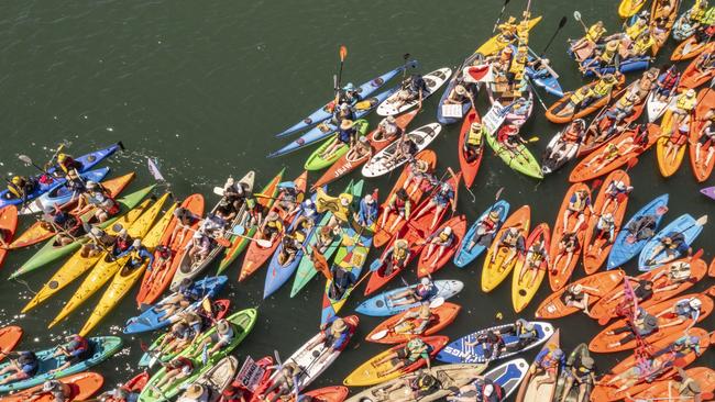 Climate activists at the Port of Newcastle in 2023 blocked the port with their kayak and catamaran flotilla.