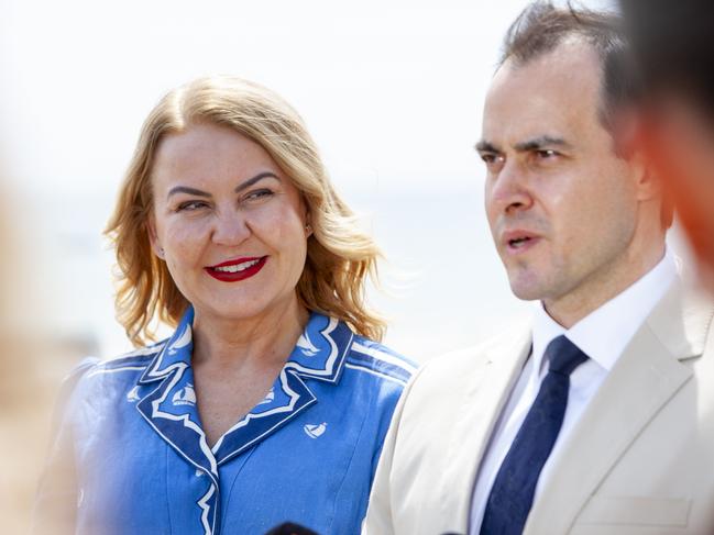 City of Holdfast mayor Amanda Wilson is the new Liberal candidate for seat of Black which David Speirs has left, pictured with Liberal Leader Vincent Tarzia at the Brighton and Seacliff Yacht Club. 12th October 2024. Picture: Brett Hartwig