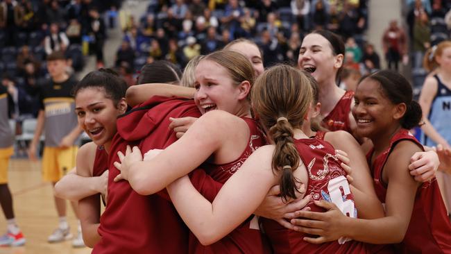 Queensland North celebrate winning the girls bronze medal at the Basketball Australia Under-16 National Championships. Picture: Michael Farnell/Sports Imagery Australia