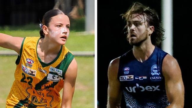 St Mary's Emma Stark and Darwin Buffaloes' Jackson Calder in Round 4 of the 2023-24 NTFL season. Picture: AFLNT Media