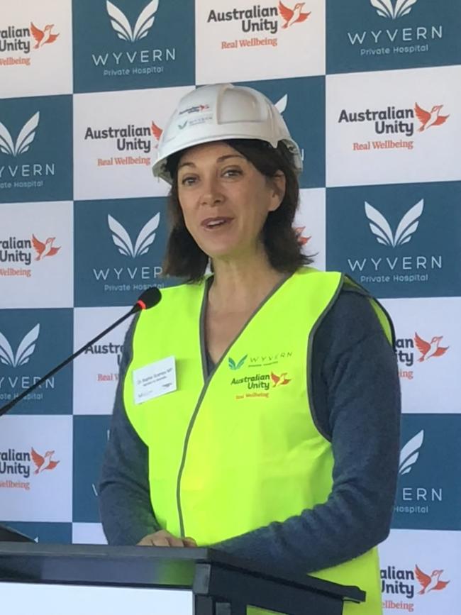 Federal independent MP for Mackellar, Dr Sophie Scamps, speaking at a celebration of a milestone in the construction of the Wyvern Private Hospital at Terrey Hills, on Thursday. Picture: Jim O'Rourke