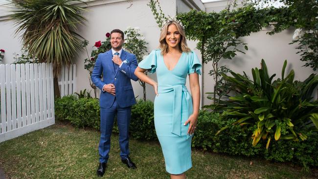 Fashions on your Front Lawn ambassador Olivia Molly Rogers with fiance Justin McKeone at home in Glen Iris. Picture: