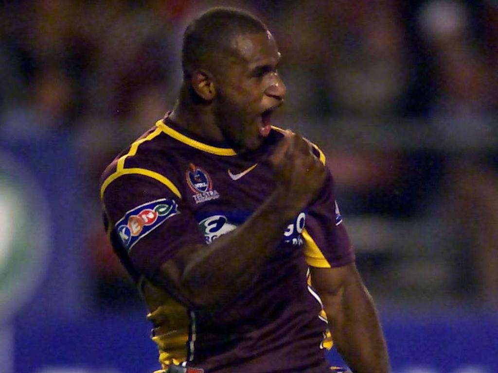 Lote Tuqiri celebrates scoring his third try. Picture: David Kapernick