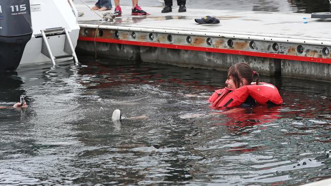 Julie Gathercole after successfully demonstrating that her life jacket works. Picture: LUKE BOWDEN