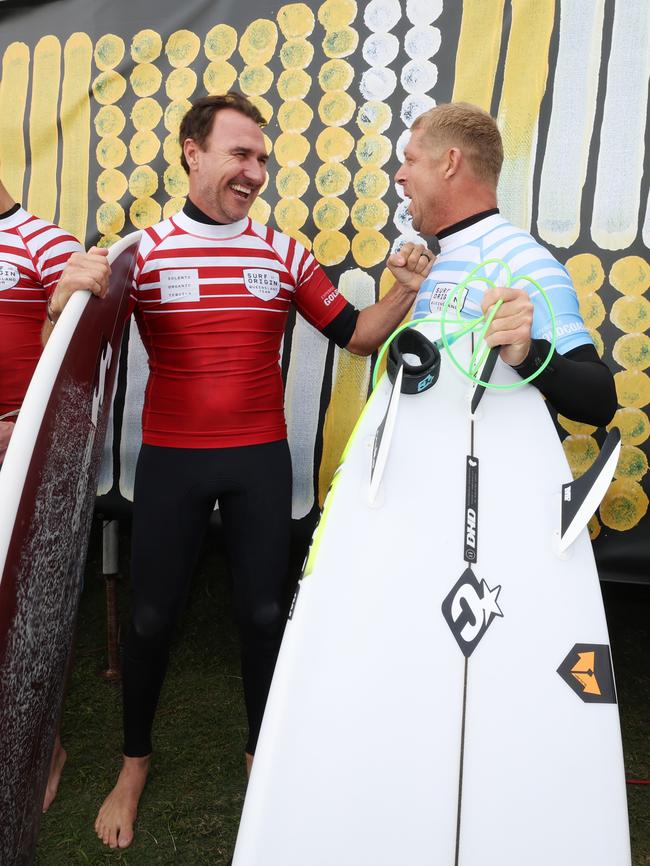 Mick Fanning and Joel Parkinson at the Surf of Origin at Burleigh Beach. Picture: Annette Dew