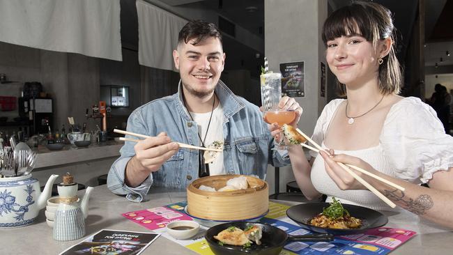 Tane Te Huia and Cleo Docker play the dating game at Oriental Teahouse. Picture: Ellen Smith