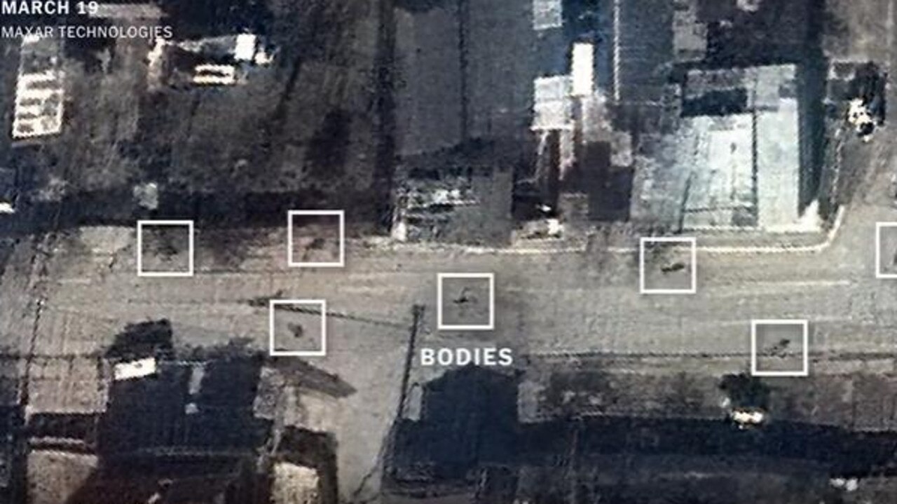 The satellite images show what appear to be bodies in the street while Russian troops were in control of the city. Picture: Maxar Technologies