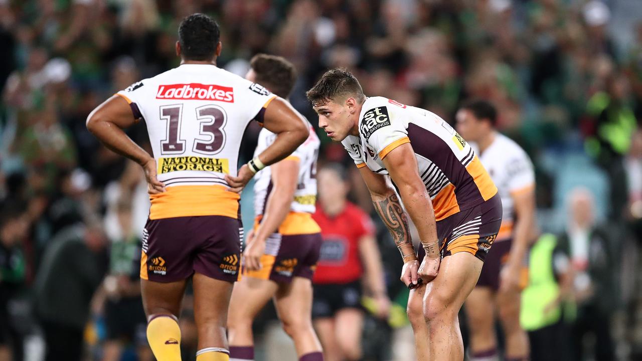 Dejected Broncos after last round’s loss to Souths. Picture: Mark Metcalfe/Getty