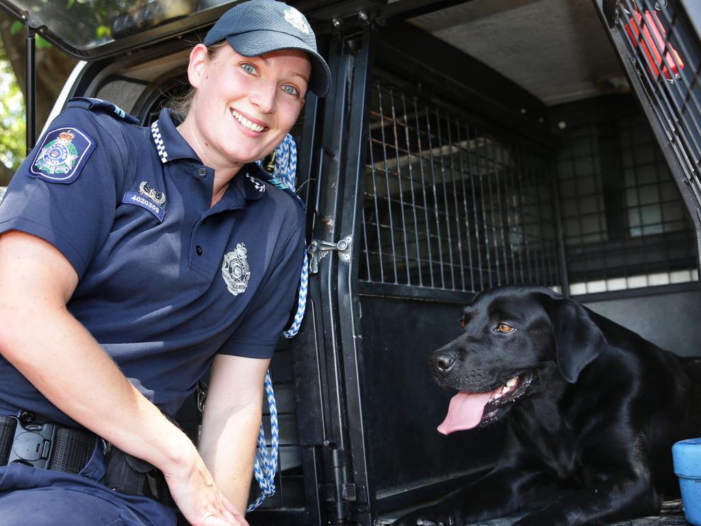 Queensland Police are mourning the loss of ‘vibrant and energetic’ PD Pezz (pictured here with Senior Constable Jess Dwyer). Picture: Chris Higgins