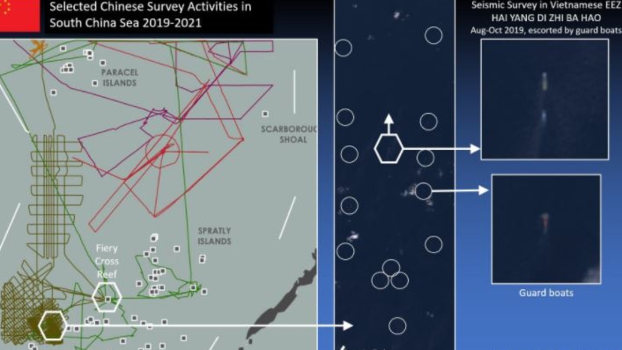 Satellite pictures reveal Beijing's creeping militarisation in the South China Sea. Picture: Maxar