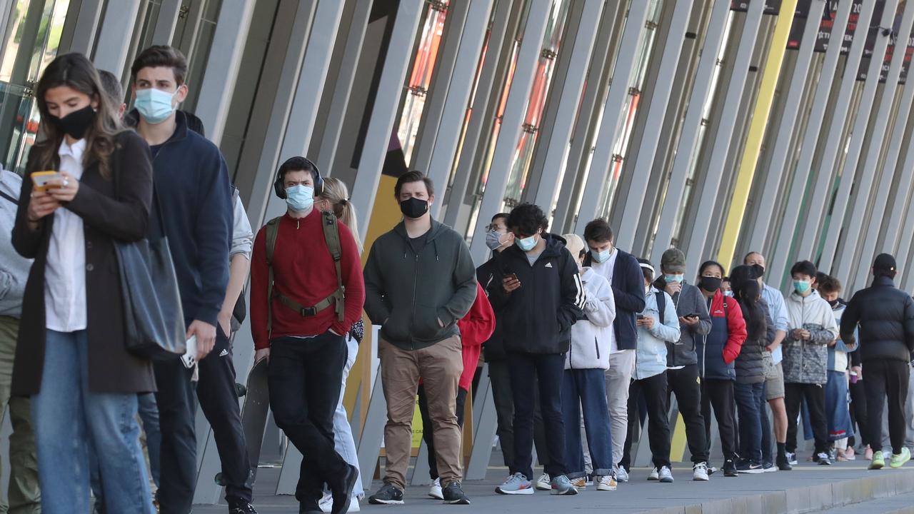 Victorians line up to get their Covid vaccinations at the Melbourne Exhibition Centre. Picture: NCA NewsWire / David Crosling