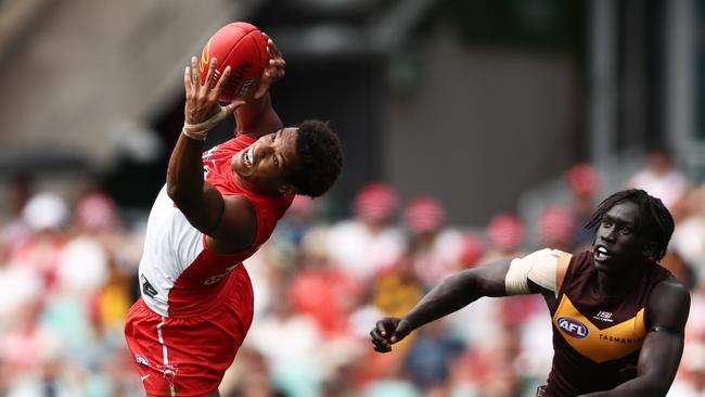 Joel Amartey of the Swans takes a mark against the Hawks. Picture: Matt King/AFL Photos/Getty Images