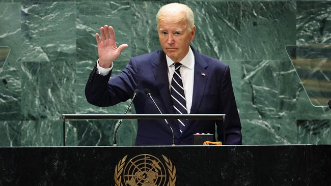 US President Joe Biden waves as he leaves the stage during the United Nations General Assembly at the United Nations headquarters in New York.