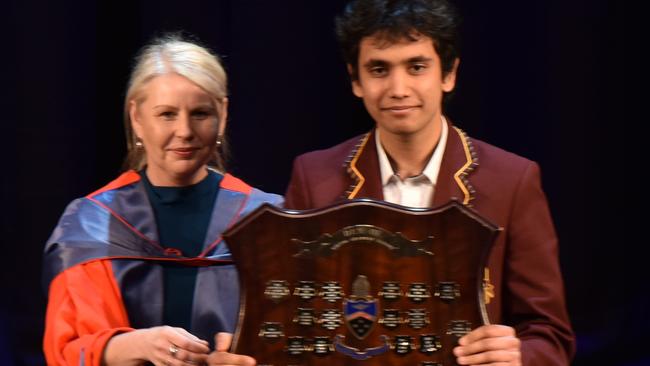 Dux of Girton Grammar School, Bendigo, Dhruv Gupta (who achieved an ATAR of 99.8), receiving his academic award from Dr Emma O’Rielly, Principal of the school at Speech Night on Dec 8, 2022.