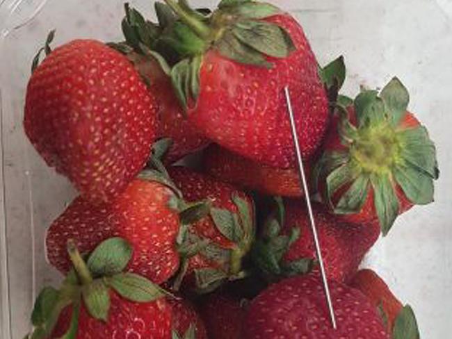 Supplied undated image obtained Friday, September 14, 2018 of a thin piece of metal seen among a punnet of strawberries. Queensland Police are investigating a suspected copycat incident as part of the investigation into the contamination of strawberries in Queensland. The suspected copycat incident, reported at a supermarket in Gatton, involves the discovery of a thin metal object in a punnet of strawberries. (AAP Image/Queensland Police) NO ARCHIVING, EDITORIAL USE ONLY