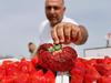 Israeli farmer Tzachi Ariel displays a 289 grams strawberry that was found in his agricultural field and set a new Guinness World Records for the heaviest strawberry, in the Kadima village in central Israel on February 17, 2022. (Photo by JACK GUEZ / AFP)