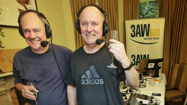 3AW Breakfast hosts Ross Stevenson and John Burns (L) broadcasting from Ross's home in Kew. Picture: Hamish Blair