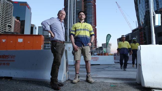 Project manager Caig Scannel and second-year apprentice James Parnis on the construction site of 'One Sydney Harbour' at Barangaroo. Picture: Britta Campion/The Australian