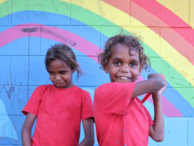 Kirsty-Lee, 8, and Eden Pareroultja, 7, spend their afternoons at the Hidden Valley community centre. Picture: Riley Walter