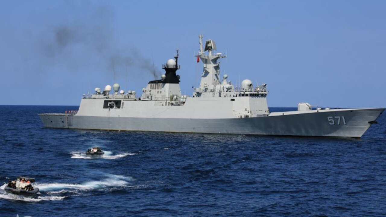 Rigid hull inflatable boat RHIB deployed by the guided-missile frigate Yuncheng (Hull 571) sail at high speed during training in February 2020. Picture: Chen Runchu Chinamil.